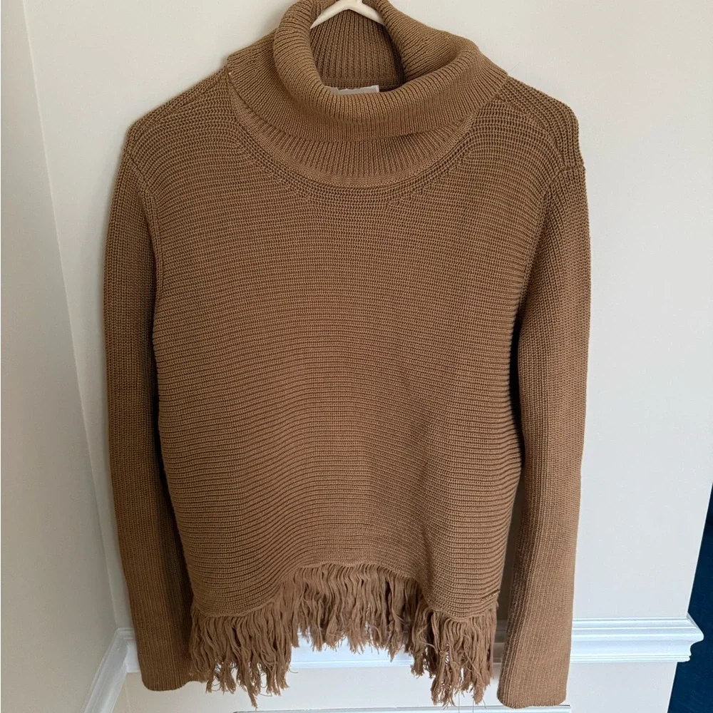 Camel Michael Kors Knit Turtle Neck Fringe Bottom Pullover Sweater Boho Size L - Picture 3 of 11